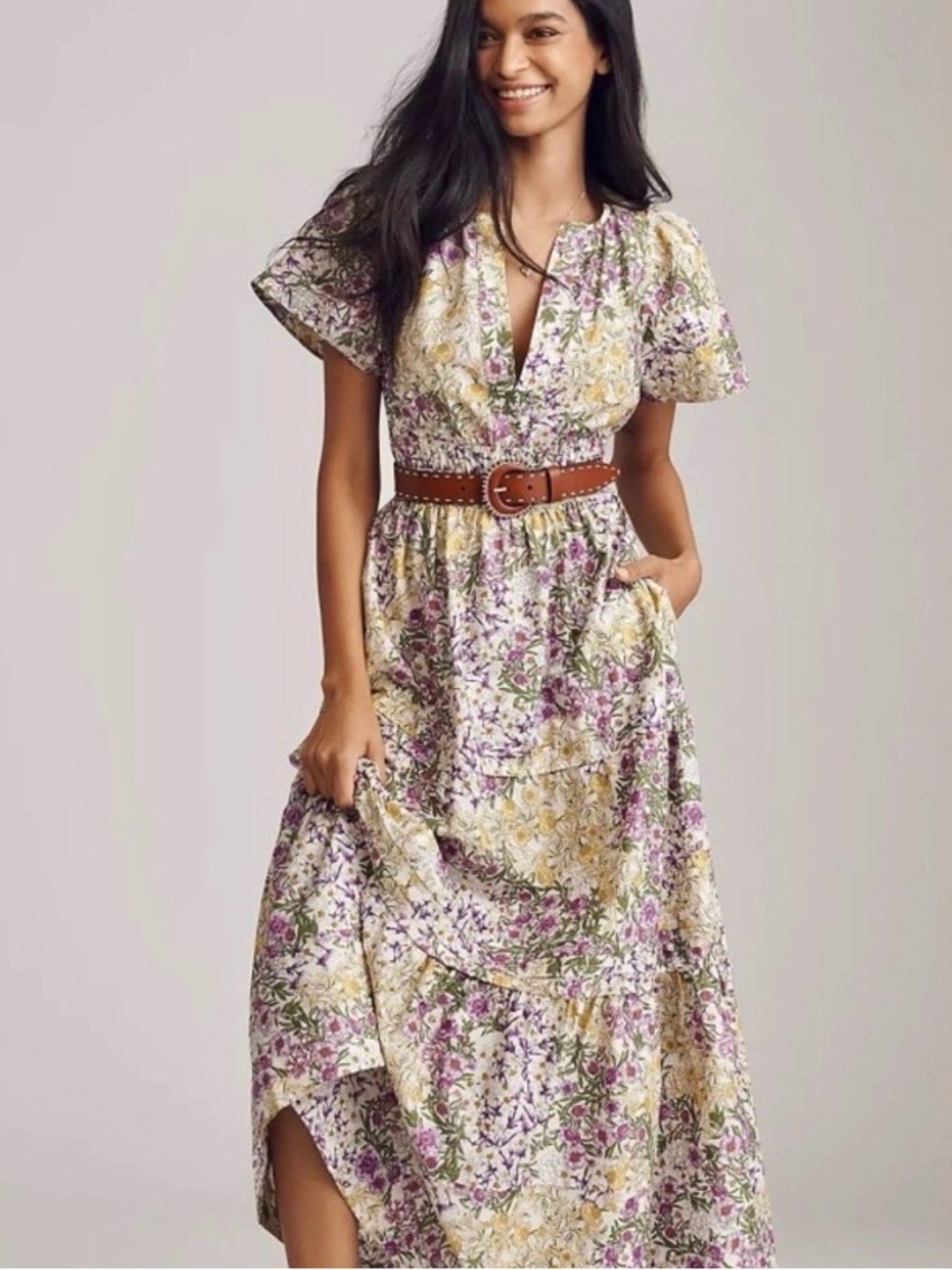 Anthropologie Yellow & Purple Floral Tiered Maxi Dress